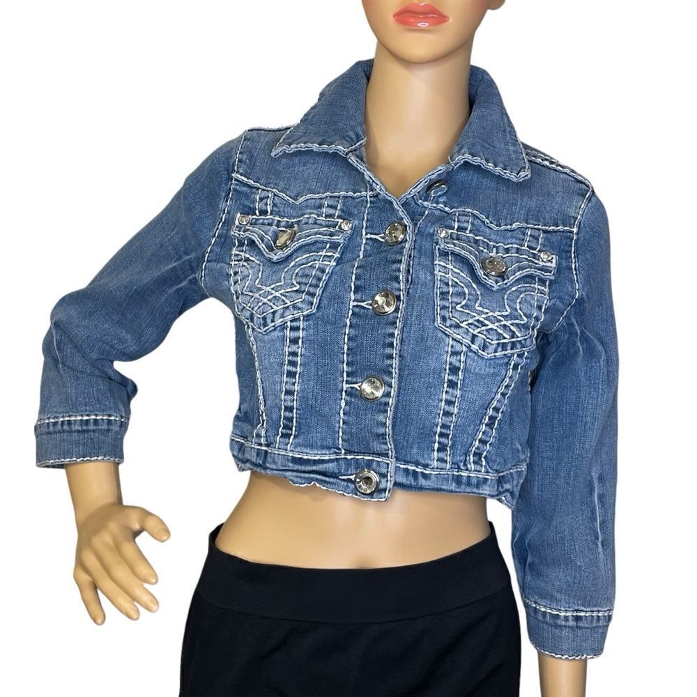 L.A. Idol Cropped 3/4 Sleeve Stretchy Denim Bling Gem Jacket Size Large